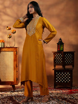 Women's Yellow Floral Embroidered Dobby Kurta with Solid Trouser and Poly Chiffon Self Design Dupatta