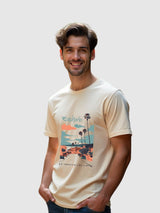 Men's Beige Half Sleeves Graphic Printed Cotton Tshirt