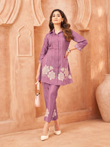 Women's Lavender and Cream Embroidered Chinon Co-Ord Set with Bold Floral Patchwork