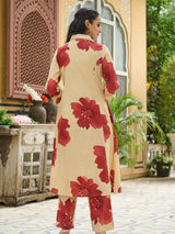 Women's Beige and Rust Floral Shirt-Style Kurta Set