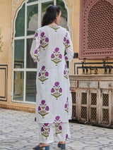 Women's White and Lavender Floral A-Line Kurta Set