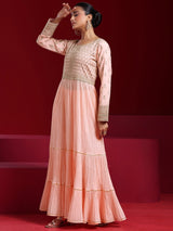 Women's Peach Floral Embroidered Panelled Mulmul Long Kurta With Trouser and Dupatta