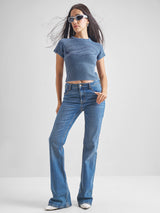 Women's Blue Casual Self-Design Half Sleeves Sweater