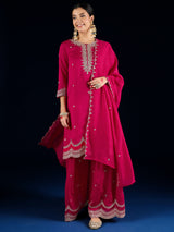 Women's Fuchsia Straight Fit Kurta With Zari Embroidery With Sharara And Dupatta