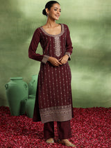 Women's Maroon Ethnic Motif Zari Embroidered Kurta With Lining & Trouser With Dupatta
