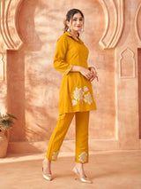 Women's Mustard and Cream Embroidered Chinon Co-Ord Set with Bold Flower Patchwork