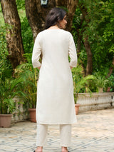 Women's Beige Geometry Embroidered Cotton Flex Kurta Set