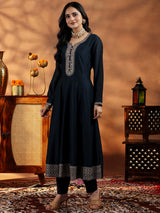 Women's Blue Floral Zari Embroidered Yoke Design Kurta With Trouser and Dupatta