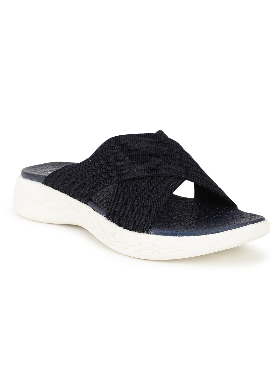 Women's Navy Criss-Cross Fly Knit Comfort Slides