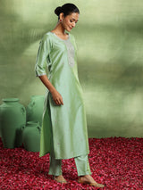 Women's Green Silk Blend Embroidered Yoke Design Straight Kurta and Trouser with Self Design Dupatta