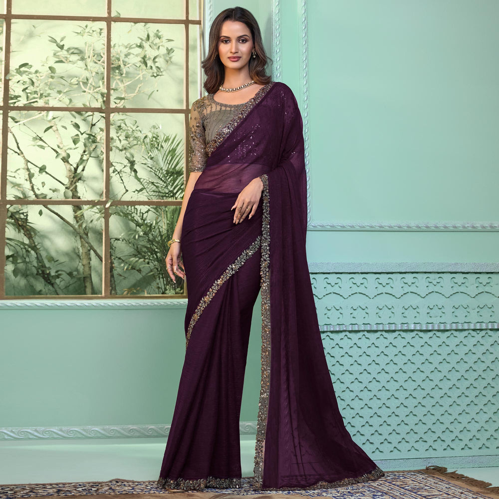 Women's Chiffon Purple Embellished Designer Saree with Blouse Piece