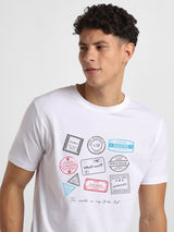 Men's White Half Sleeves Graphic Printed Cotton Tshirt