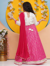 Girls White and Pink Ethnic Printed Three Quarter Sleeves Choli and Lehenga with Dupatta