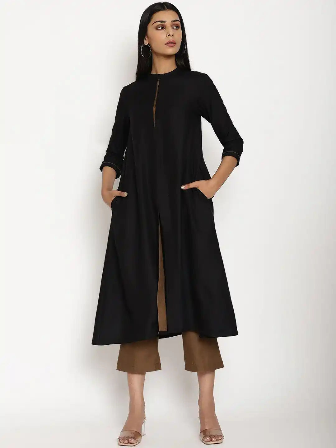 Women's Black Cotton Linen Kurta Pant Set