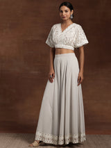 Women's Grey Floral Embroidered Georgette Crop Top with Embroidered Hem Palazzo and Solid Dupatta