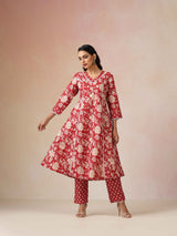 Women's Red Festive Printed Kurta Set