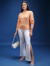 Women's Orange Casual Self-Design Full Sleeves Sweater