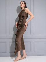 Women's Brown Party Embellished Ruffled Maxi Dress