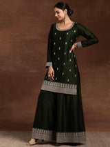 Women's Black Embroidered Straight Kurta With Palazzo and Solid Dupatta