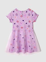 Girls Purple Placement Print Tulle Dress