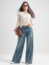 Women's Off White Casual Self-Design Full Sleeves Sweater