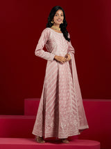 Women's Dusty Pink Pure Silk Embroidered a-line Kurta & Dusty Pink Trousers & Dupatta