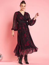 Women's Black V-Neck Bishop Sleeves Floral Printed Midi Opaque Party Dress