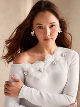 Women's White Off-shoulder Floral Embellishments Top