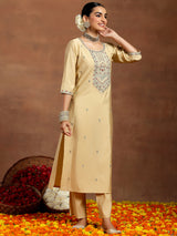 Women's Beige Silk Blend Yoke Design Kurta and Beige Silk Blend Solid Trouser with Both Side Pocket