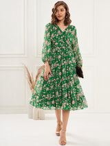 Women's Green Floral Printed V-Neck Puff Sleeve Pleated Tie Fit & Flare Dress