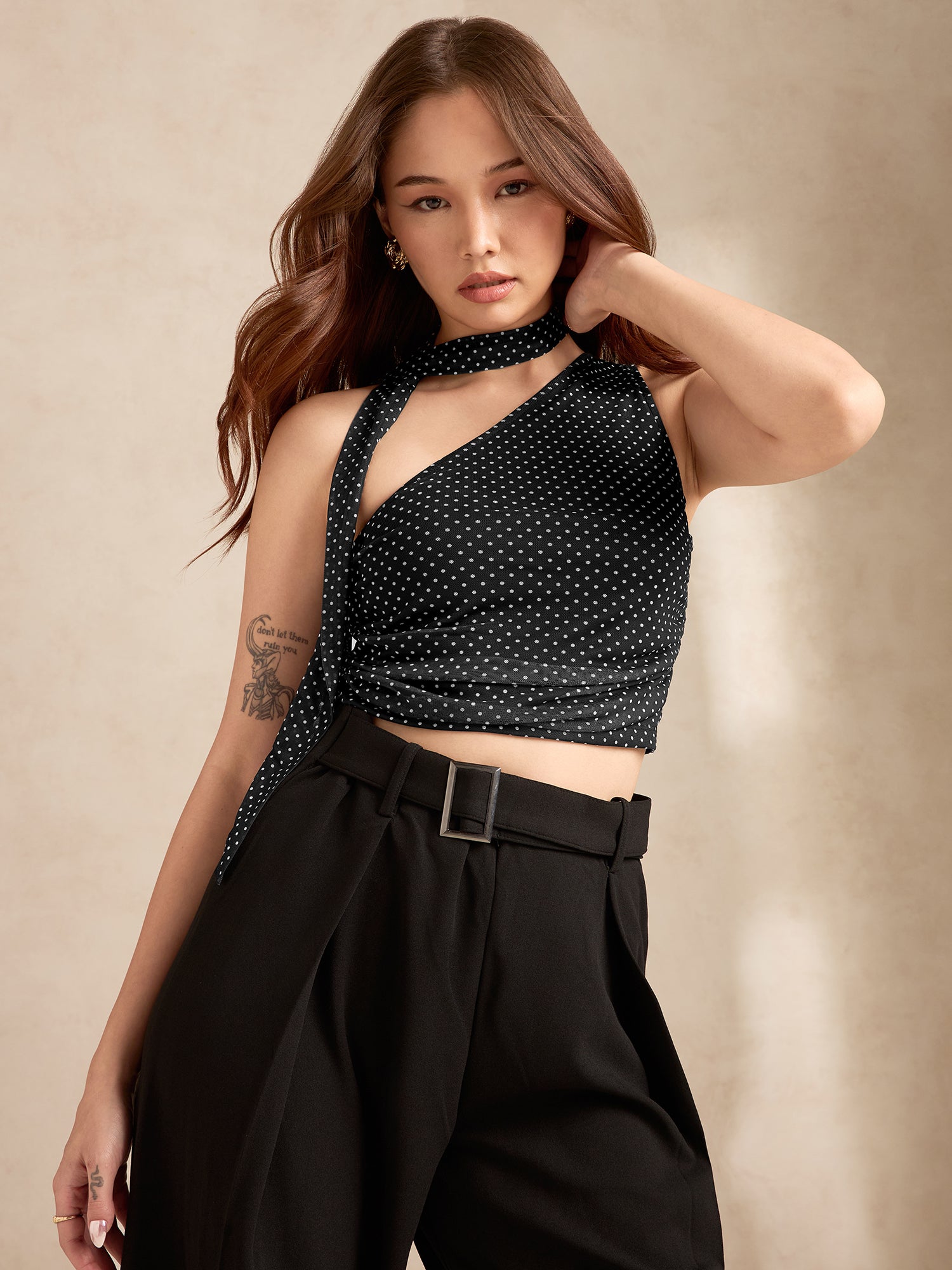 Women's Black Polka Dot One Shoulder Top