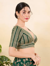 Women's Green Jain Silk Padded Back Open Elbow Sleeves Saree Blouse