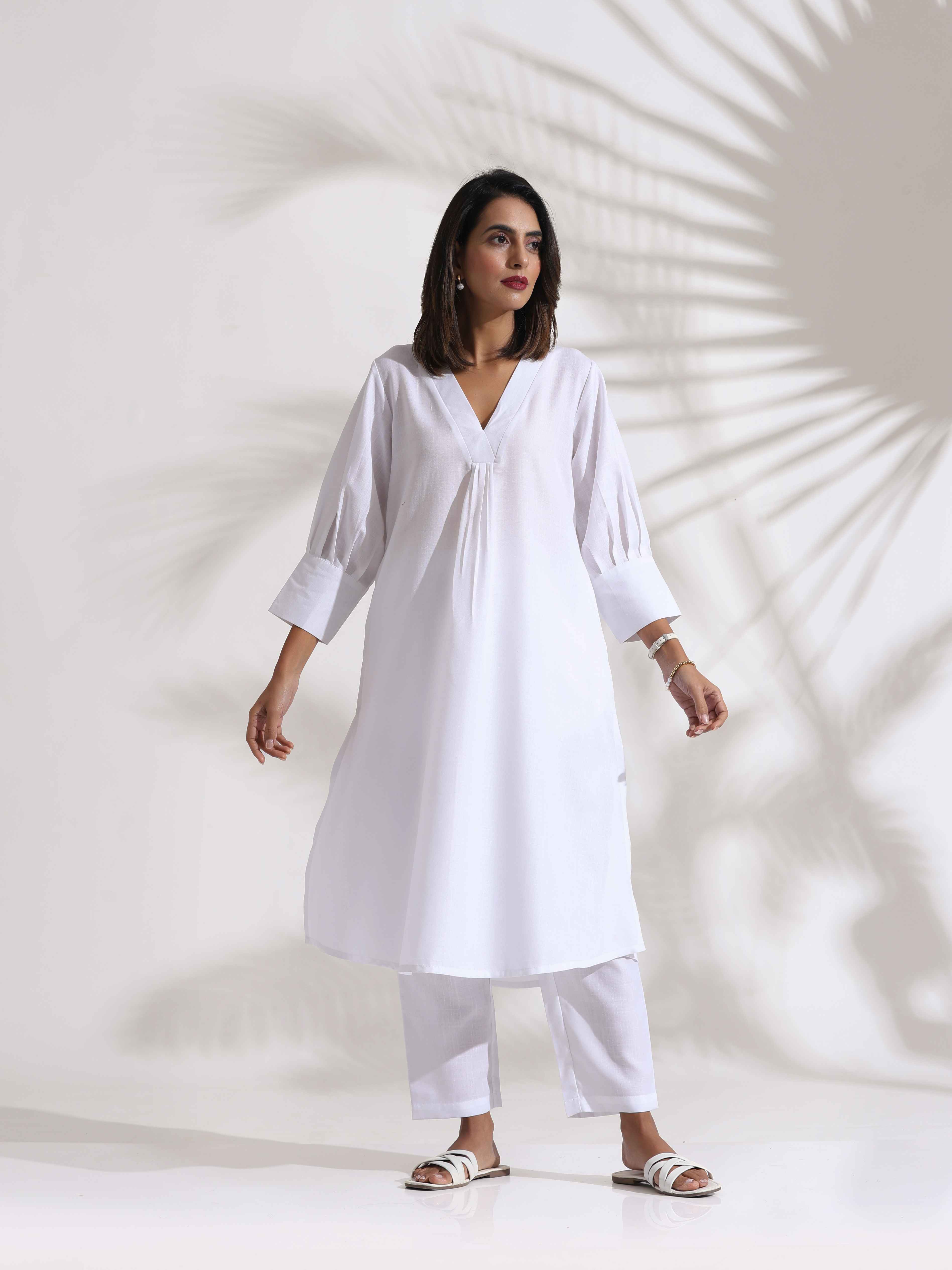 Women's White Slub Kurta Set