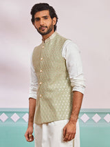 Men's Green Rayon Floral Embroidered Full Sleeves Nehru Jacket