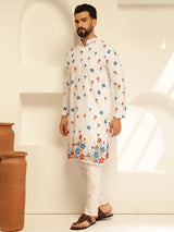 Men's White Cotton Daman Print Long Kurta with Krochet Embroidery