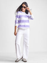 Women's Lavender Casual Striped Full Sleeves Sweater