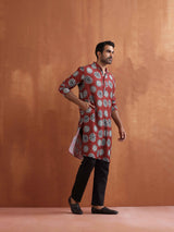 Men's Red Festive Printed Regular Fit Full Sleeves Kurta