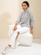 Women's Grey Casual Solid Full Sleeves Sweater