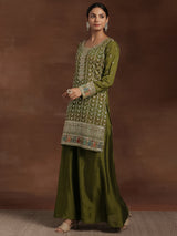 Women's Olive Ethnic Motif Zari Embellished Short Kurta With Palazzos and Dupatta