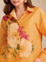 Women's Orange Oversized All Over Embellishment Printed Shirt