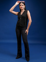 Women's Black Casual Self-Design Sleeveless Sweater