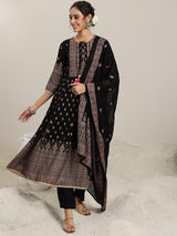 Women's Black Floral Printed Anarkali Kurta and Trouser With Printed Dupatta