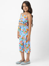 Girls Blue Casual Printed Co-Ord Set