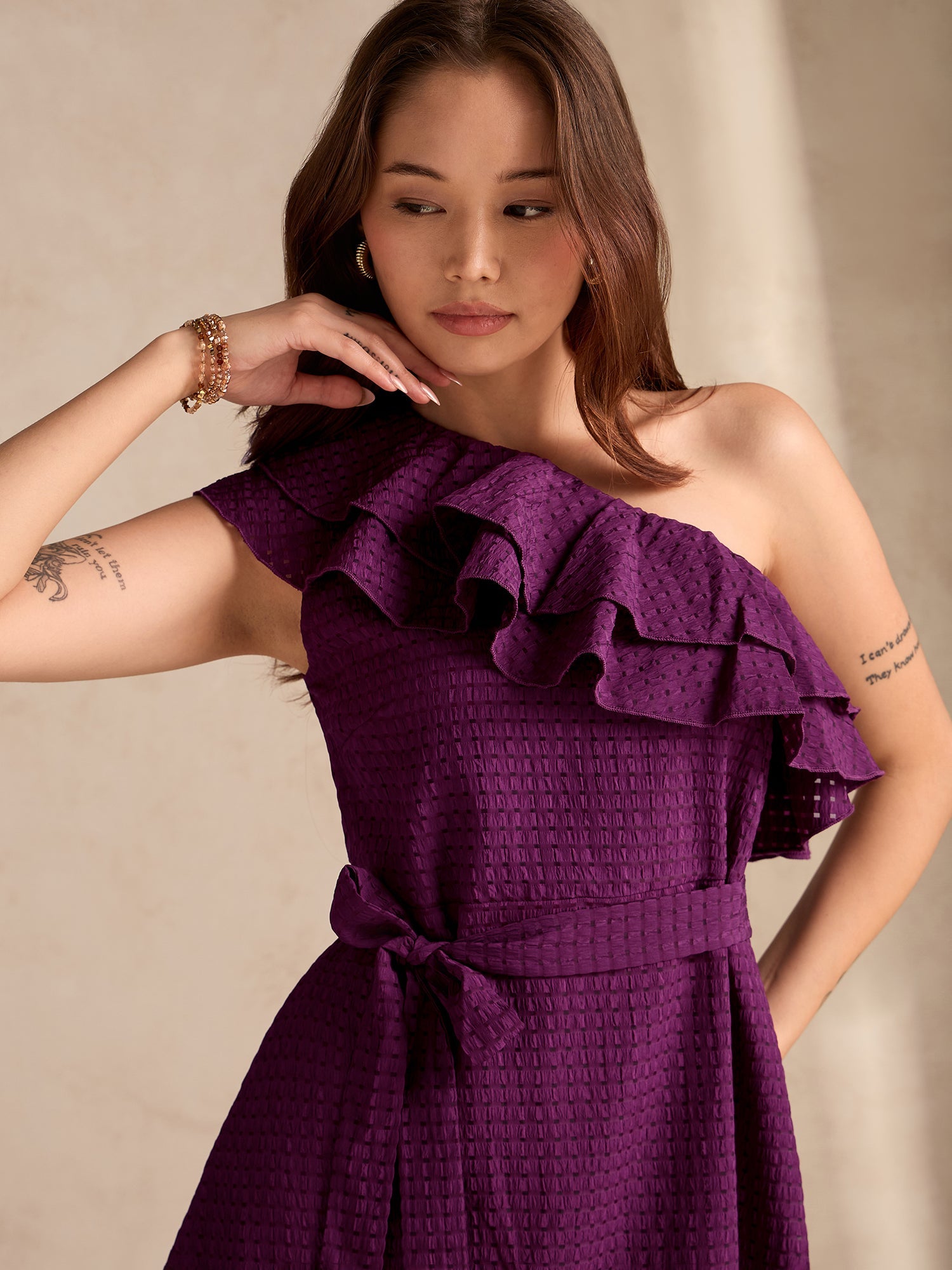 Women's Purple Soft Ruffle One Shoulder Dress