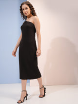 Women's Black Party One Shoulder Sleeveless Cut-Outs Bodycon Midi Dress