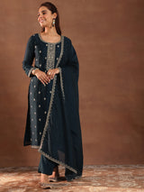 Women's Blue Ethnic Motif Embroidered Straight Kurta with Solid Trouser and Embellished Dupatta