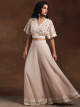 Women's Pink Floral Embroidered Georgette Crop Top with Embroidered Hem Palazzo and Solid Dupatta