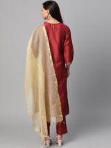 Women's Red Ethnic Three Quarter Sleeves Kurta and Trouser with Dupatta
