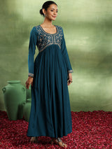Women's Blue Floral Zari Embroidered Yoke Design Kurta with Solid Trouser and Embroidered Dupatta