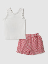 Infant Girls White and Red Graphic Printed Tshirt and Chequered Short